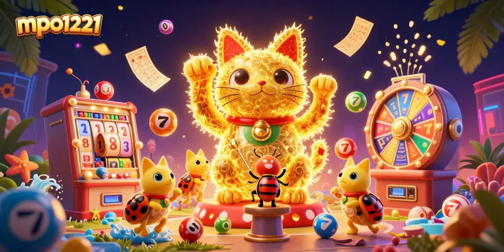 Engage with mpo1221 in a vibrant casino wonderland featuring a giant lucky cat made of fireflies and dynamic slot symbols.