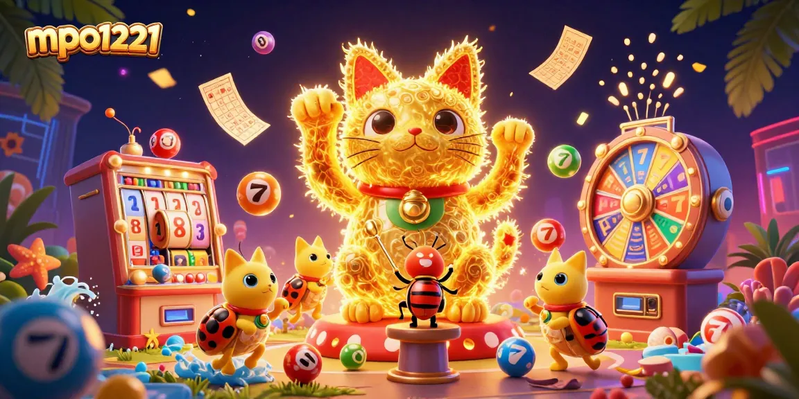 Engage with mpo1221 in a vibrant casino wonderland featuring a giant lucky cat made of fireflies and dynamic slot symbols.