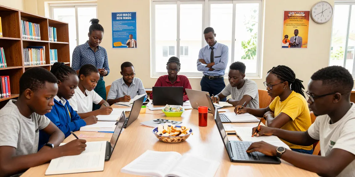 Students collaborating on 2026 WAEC runz study materials in a bright library.