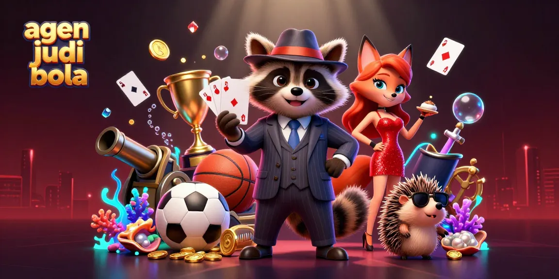 Engage in top-tier agen judi bola with a dynamic scene featuring charming characters and sports elements.