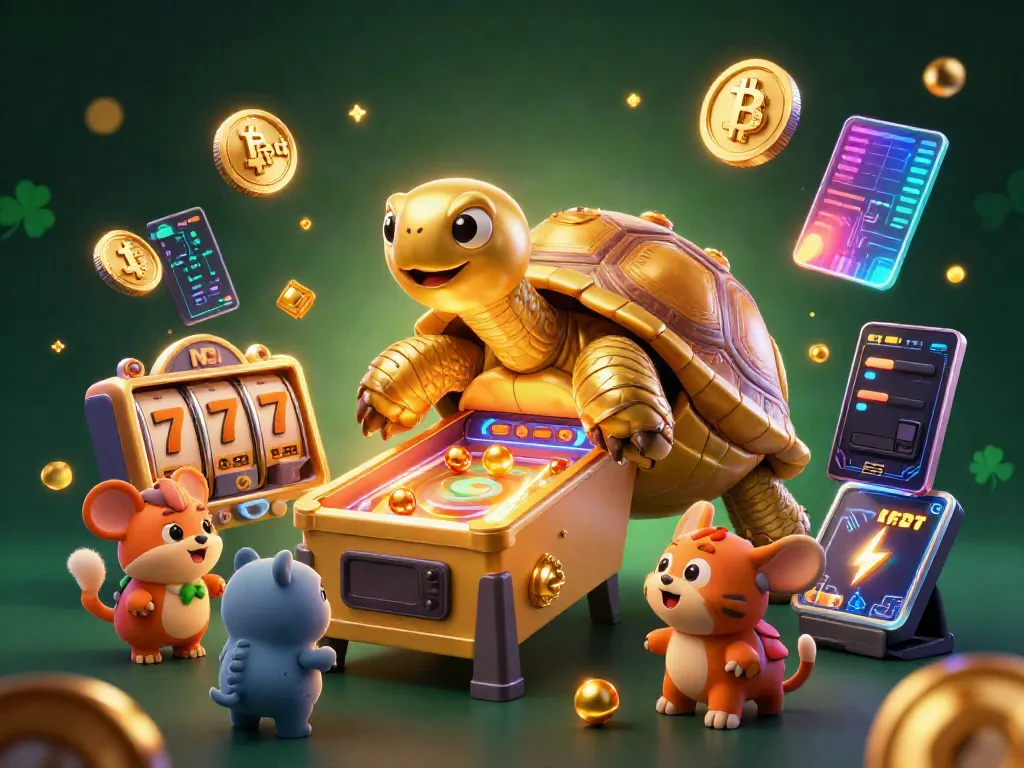 Slot dengan karakter penyu emas dan mesin pinball, serta koin Bitcoin dan Ethereum yang bersinar.