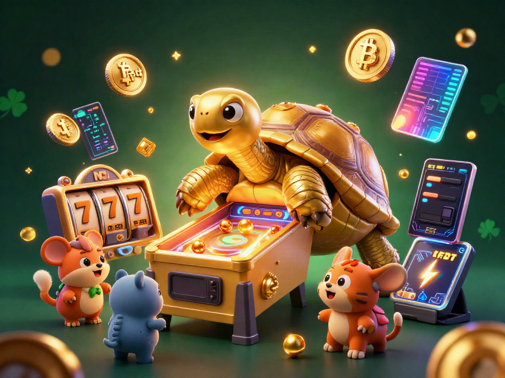 Slot dengan karakter penyu emas dan mesin pinball, serta koin Bitcoin dan Ethereum yang bersinar.