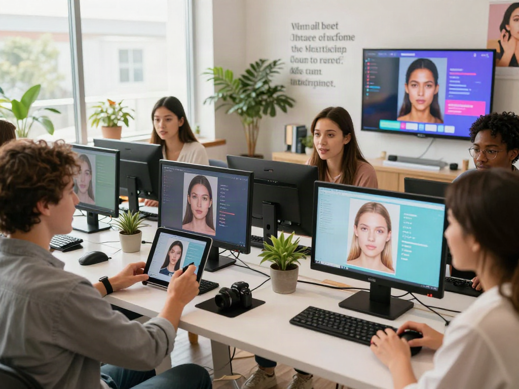 Participants in a vibrant studio testing attractiveness using AI technology, analyzing facial features and beauty scores.