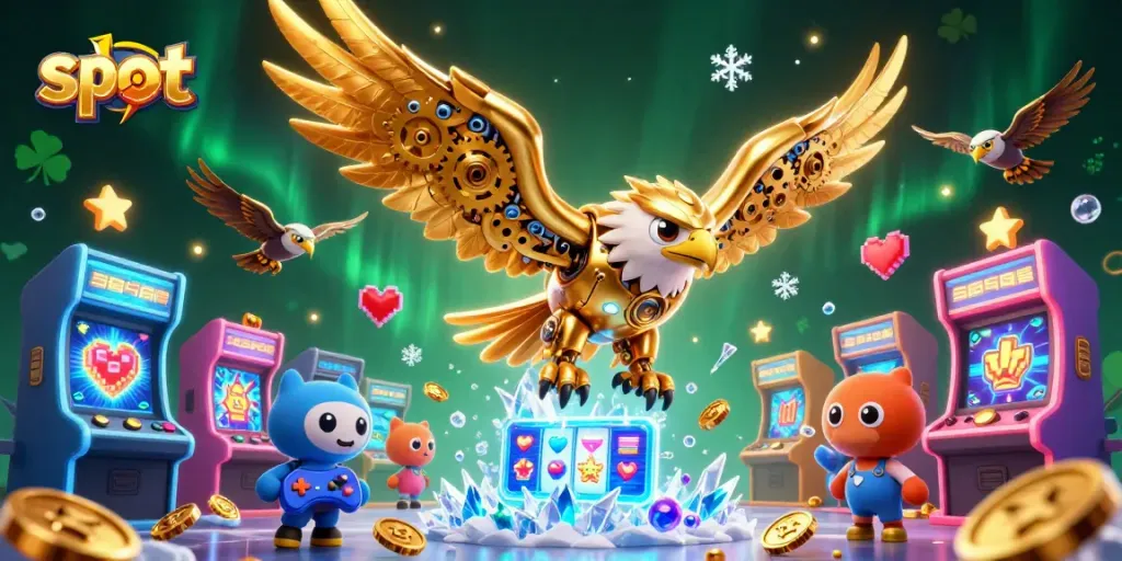 Putar slot dengan simbol keberuntungan dalam ilustrasi 3D yang kaya.