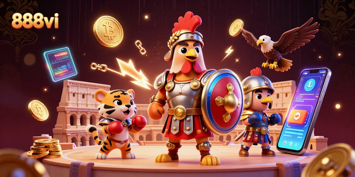 Spin and win with 888vi as the gladiator rooster dominates in this vibrant casino scene.