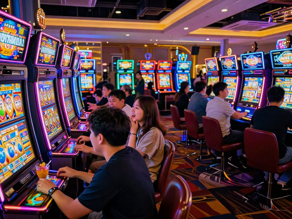 Players enjoying slot jepang in a lively casino environment with neon lights.
