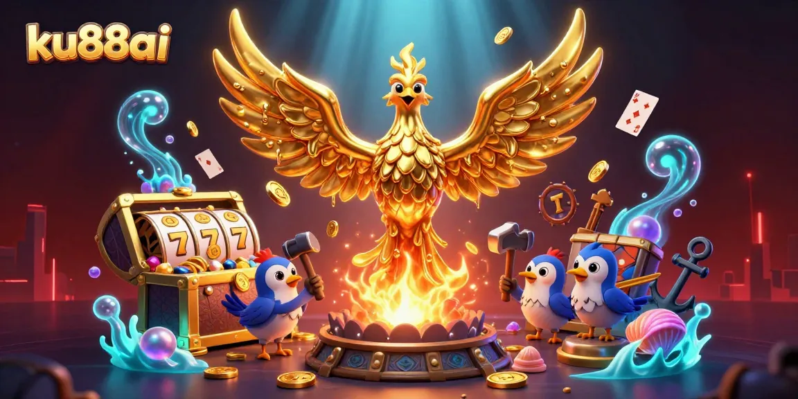 Experience exciting gameplay at ku88ai with a molten phoenix and slot reels in a vibrant scene.