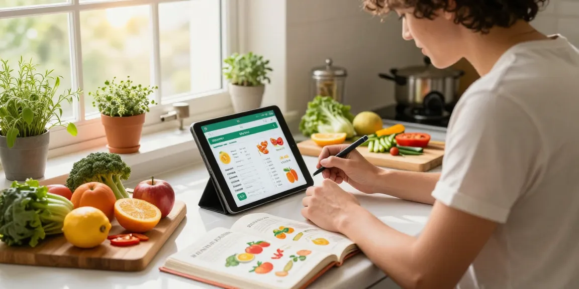 Cooking in a sunny kitchen while using the best food tracking apps to log healthy meals and fresh ingredients.