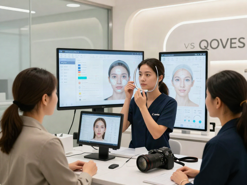 Facial analysis comparison of ClinicEvo vs QOVES featuring a professional aesthetician showcasing innovative technology.