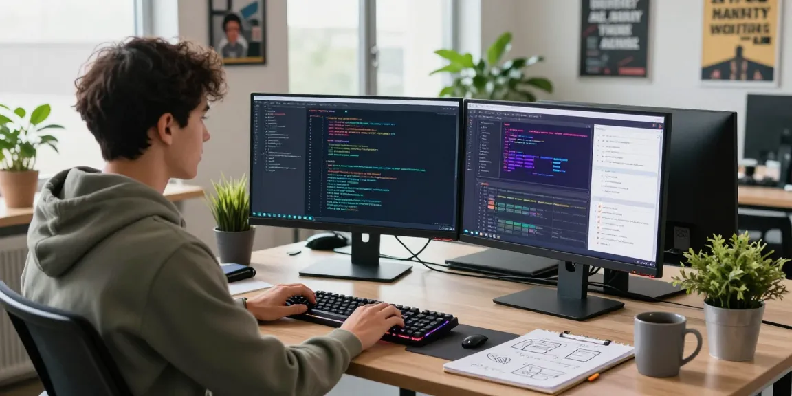 Professional workspace scene showcasing a developer coding with multiple screens on telegramin-cn.com