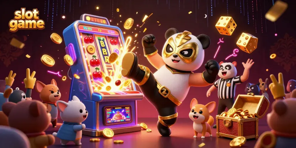 Experience thrilling slot game action with a panda wrestler and animal spectators in a vibrant casino scene.