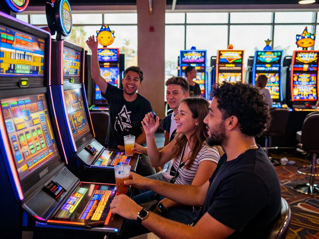 Mesin slot yang ramai di kasino dengan pemain merayakan kemenangan kecil.