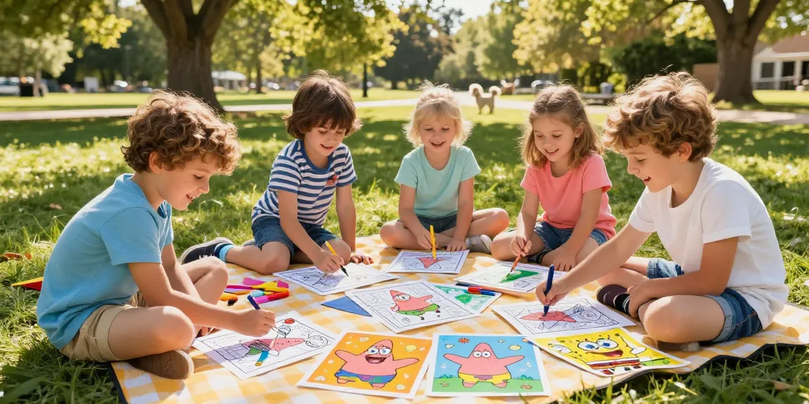 Kids enjoying Seasonal coloring pages featuring Patrick Star in a sunny park.