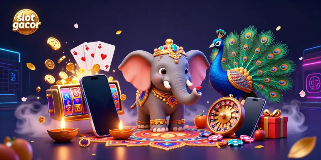 Engage with slot gacor through a vibrant scene featuring a Diwali-themed elephant and peacock, immersive slot gaming elements.