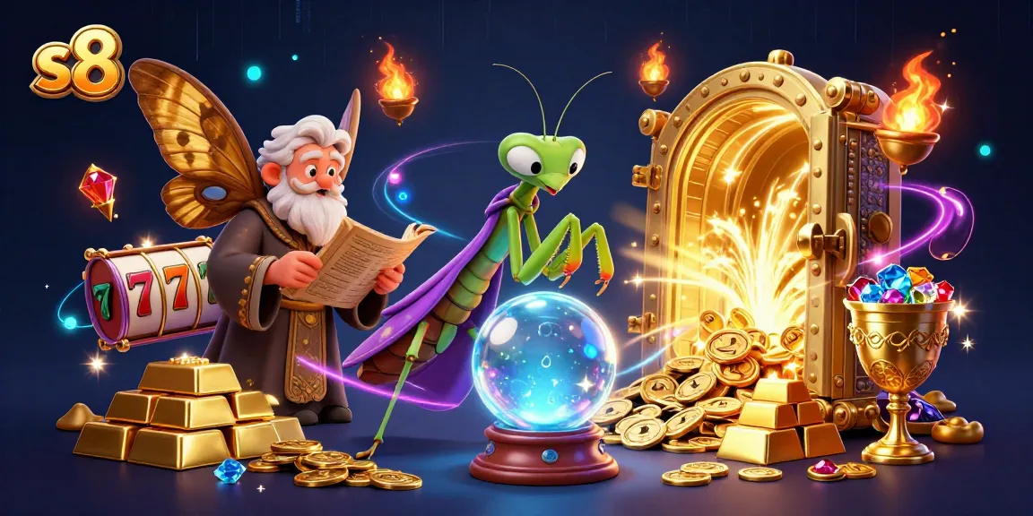 Engage with exciting slot games at s8, featuring characters in a vibrant, mystical casino scene.