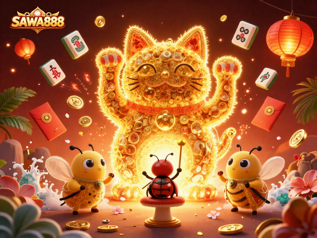 Engage in winning with SAWA888's vibrant lucky cat illustration amidst rich casino elements.