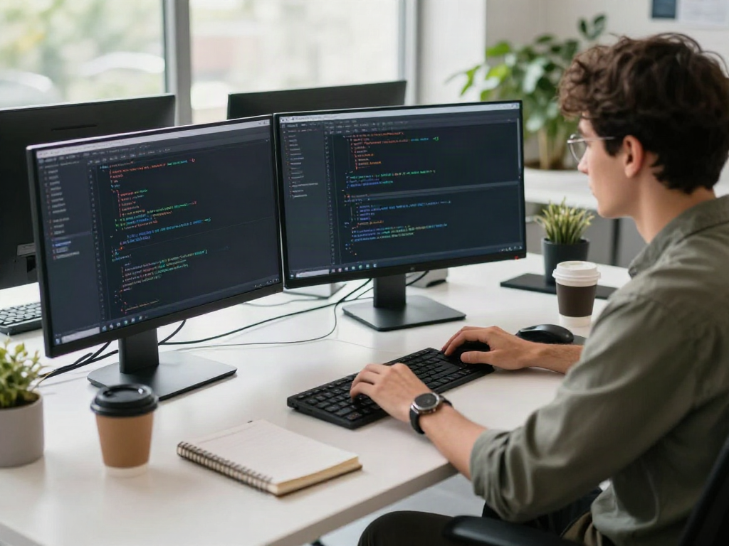 Brave browser developer focused on coding in a modern workspace.
