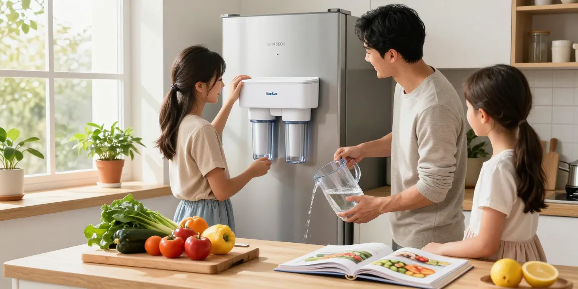 Installing Maxblue UKF8001 Refrigerator Water Filter in a home kitchen filled with fresh produce and family activity.