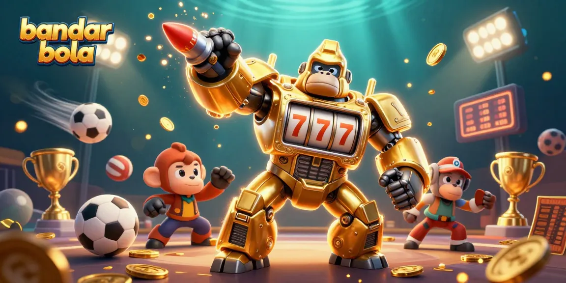 Engaging bandar bola gaming scene featuring a golden gorilla mech, sports balls, and casino elements.