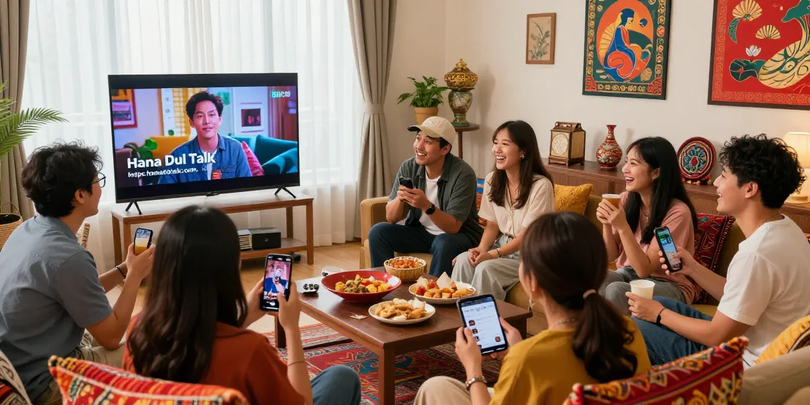 Friends enjoying Asian snacks and multimedia content from https://hanadultalk.com in a cozy living room.