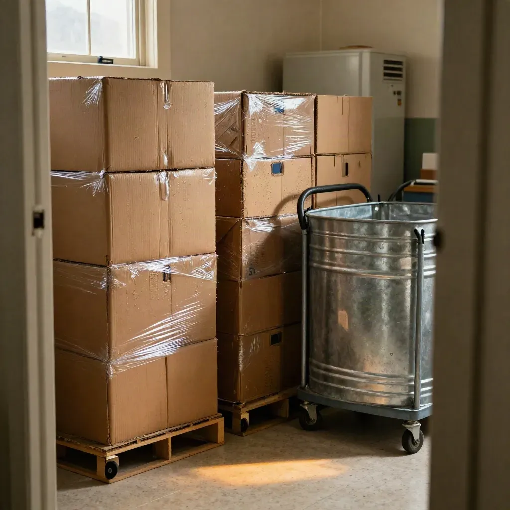 Prep room crates and cartons in warm light, showing stocked inventory ready for busy weeks.
