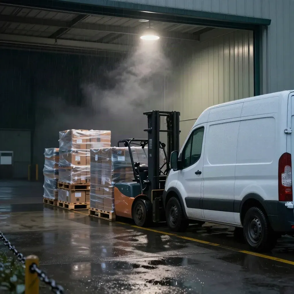 Rain-lit loading bay with van, pallets, forklift and crates in moody pre-dawn haze.