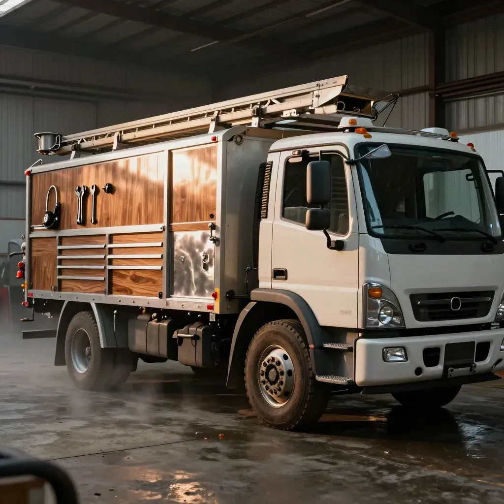 Service truck and tools at a workshop at dawn, wrapped in fog and gold light.