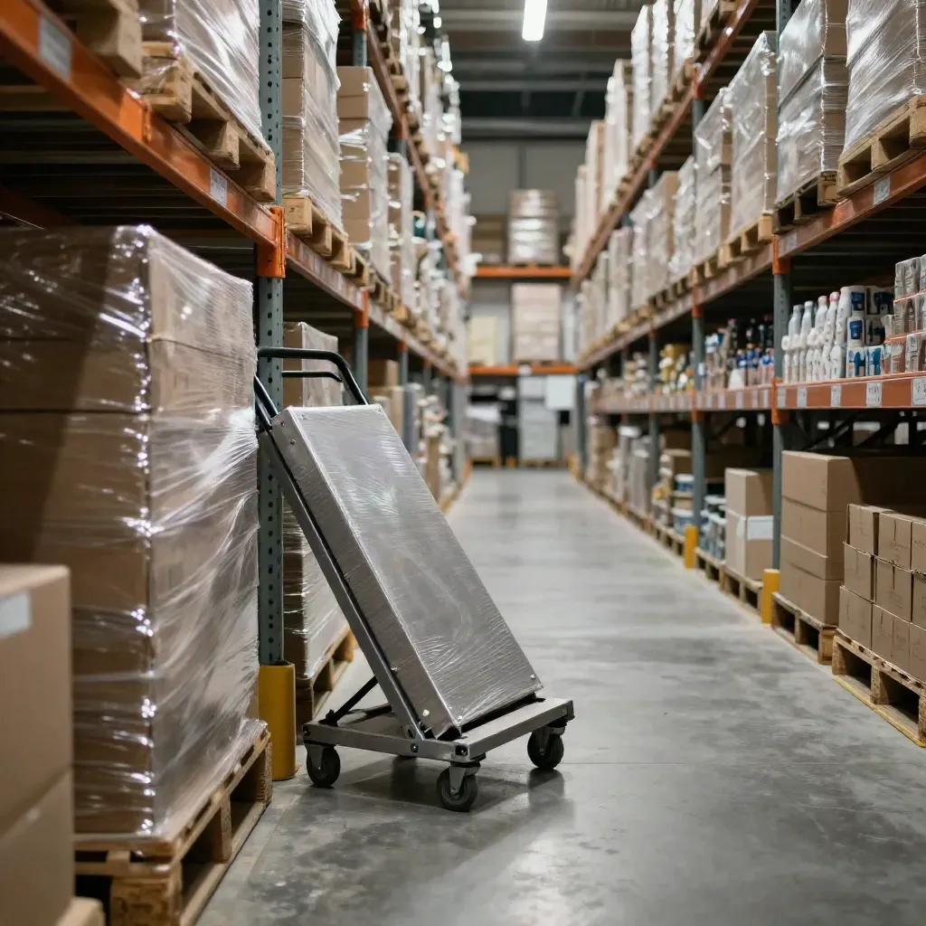 Modern stockroom aisle with pallet towers, shelving, and a dolly in cool haze.