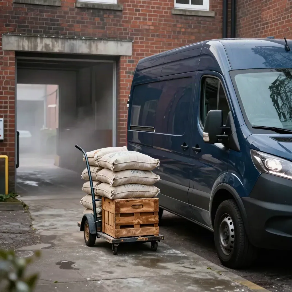 Navy bakery van at a brick loading bay with flour sacks, bread crates, and a hand truck in mist.
