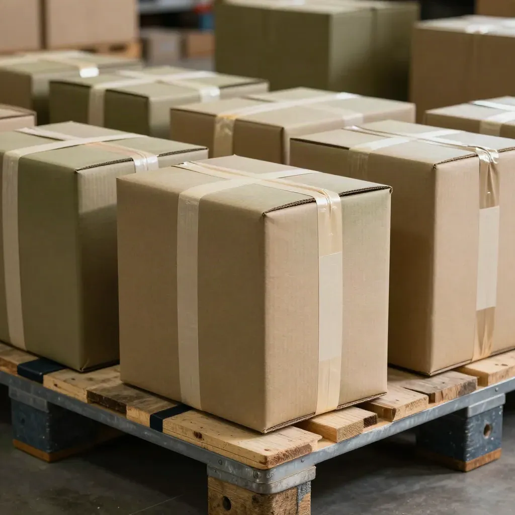 Sealed parcels and inventory boxes on a fulfillment bench in warm warehouse light.