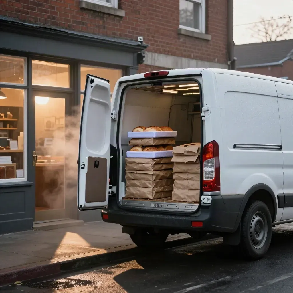 White refrigerated bakery van at dawn outside a brick shop, crates loaded, mist, warm window glow.