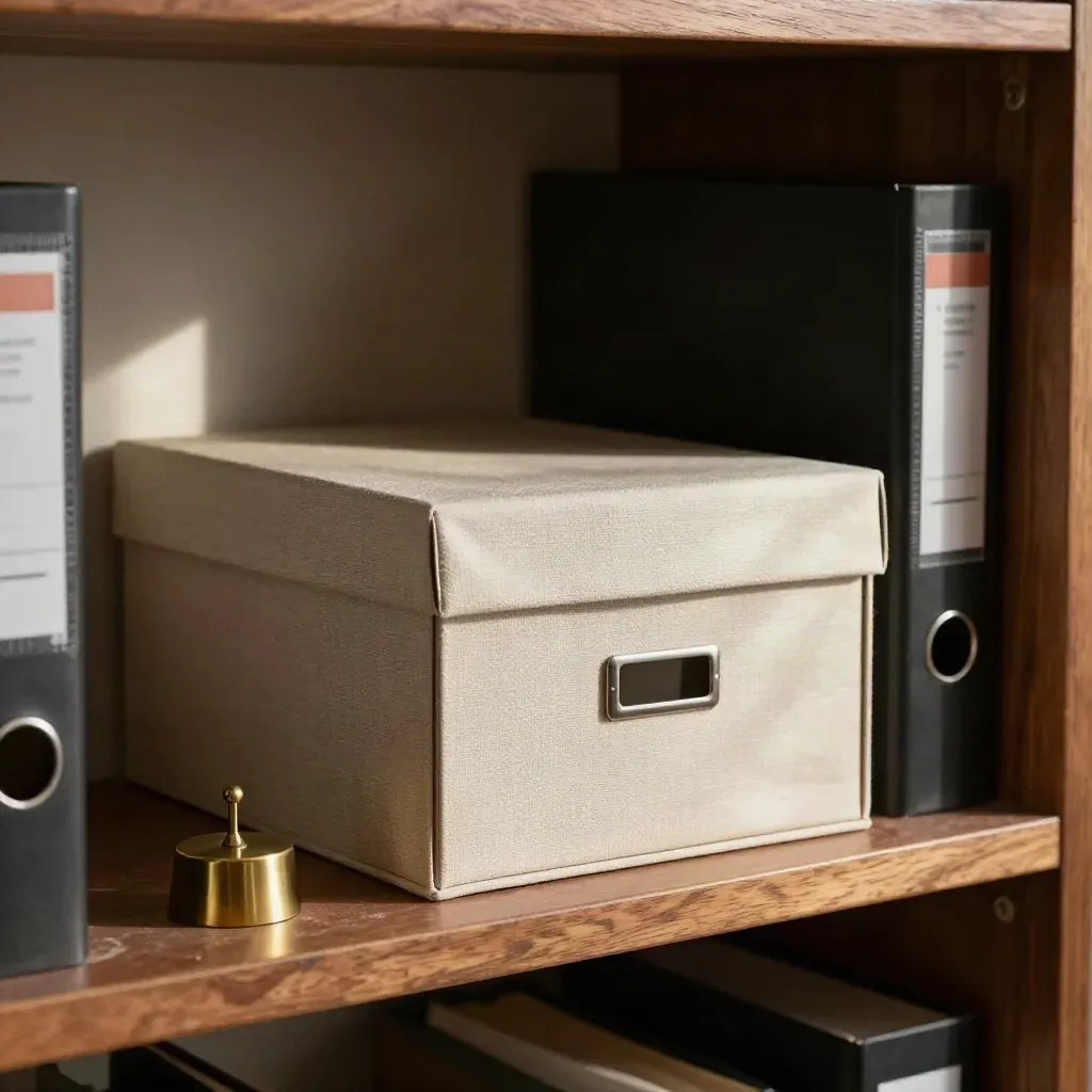 Archive box and brass paperweight in a quiet office nook, suggesting debt refinancing.