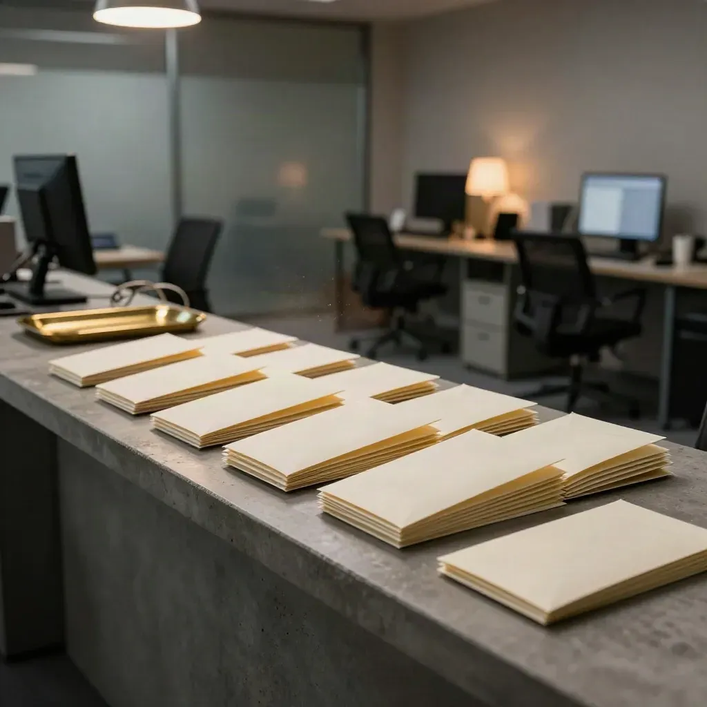Empty agency studio after hours with sealed payroll packets on a counter and dark monitors.