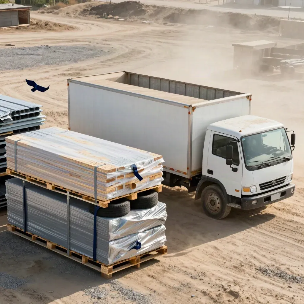 Two white work trucks beside roofing bundles on a dusty empty jobsite in bright morning light.