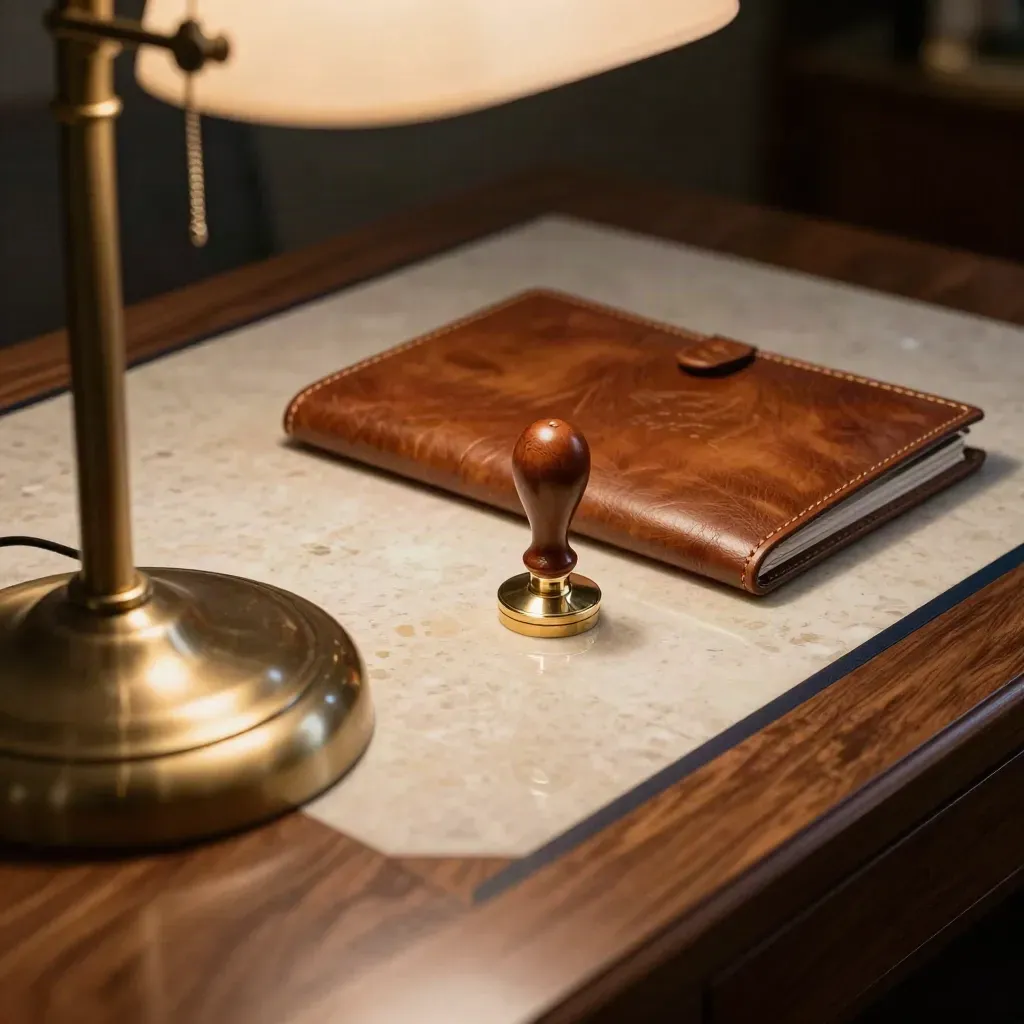 Brass lamp, leather portfolio and approval seal on a walnut lending desk in dramatic low-key light.