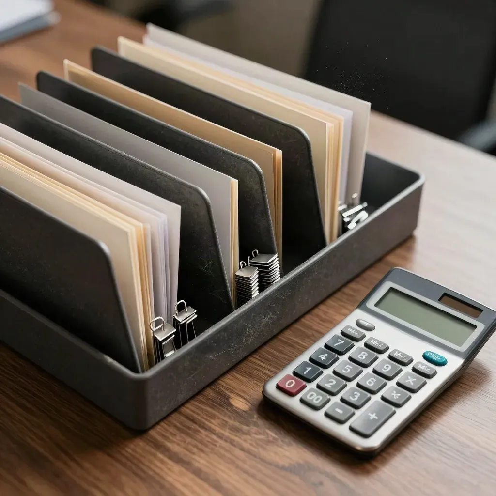 Charcoal file trays, steel clips, and a screen-down calculator on a walnut funding desk.