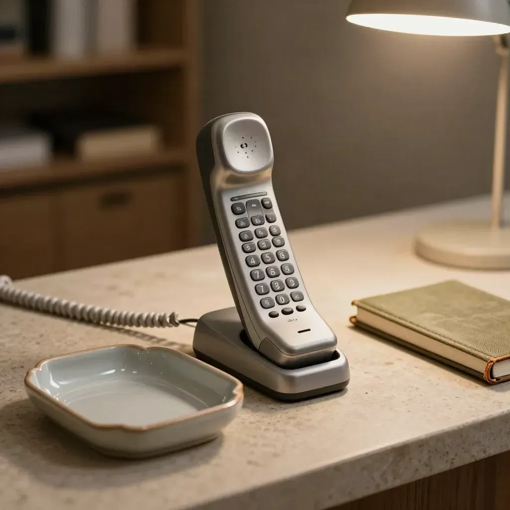 Silver cordless handset, ceramic inbox tray and closed notebook on a stone client-success counter.