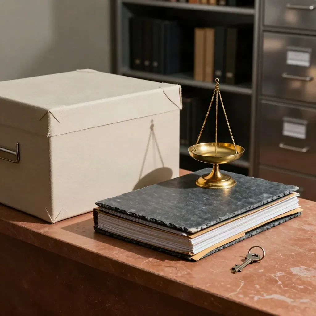 Commercial lending archive still life with brass scale, slate folders, and a metal key.