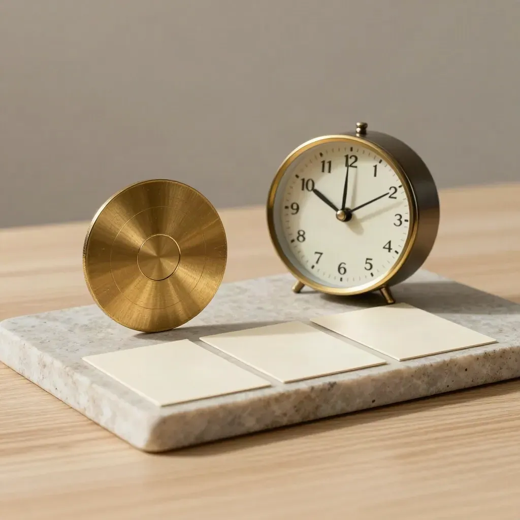 Brass target token, compact clock, and three sample cards on a stone tray