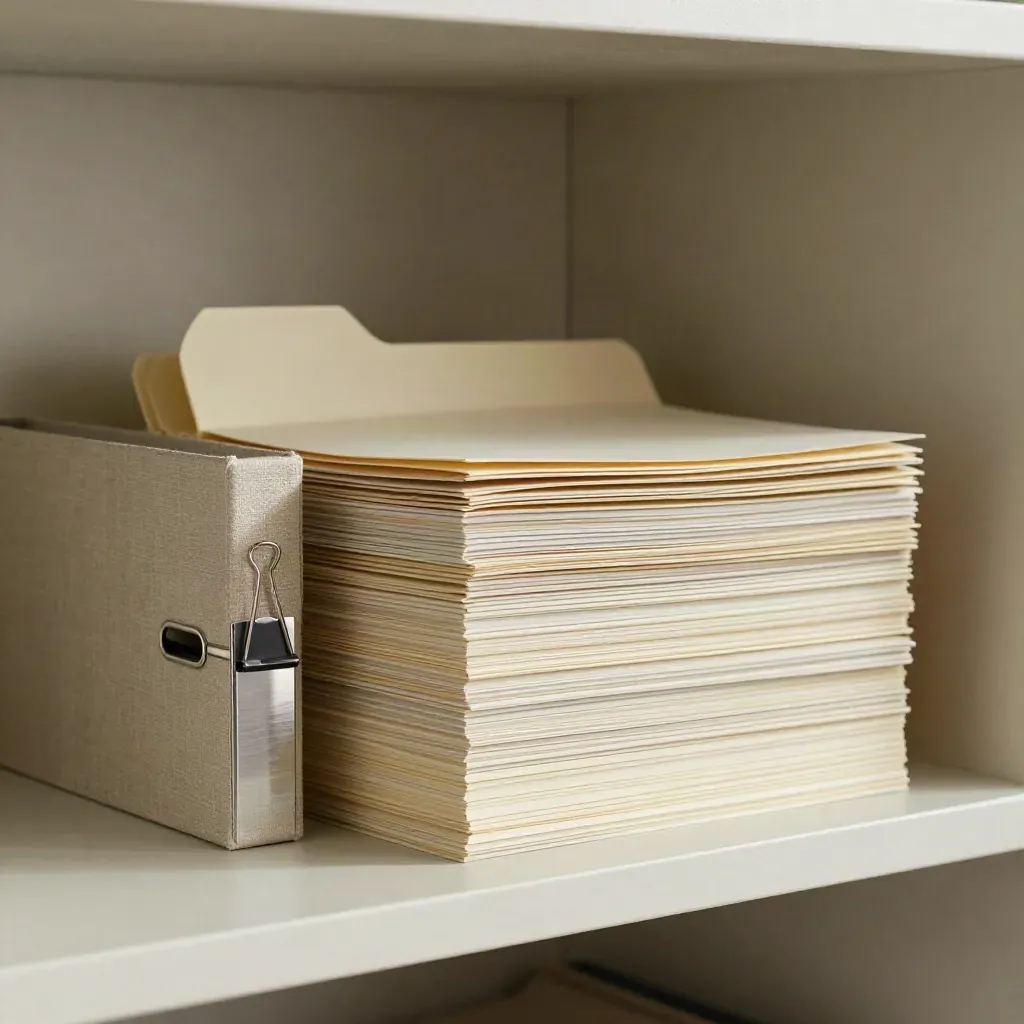 Charcoal file folders, archive box, and binder clip on a pale shelf.