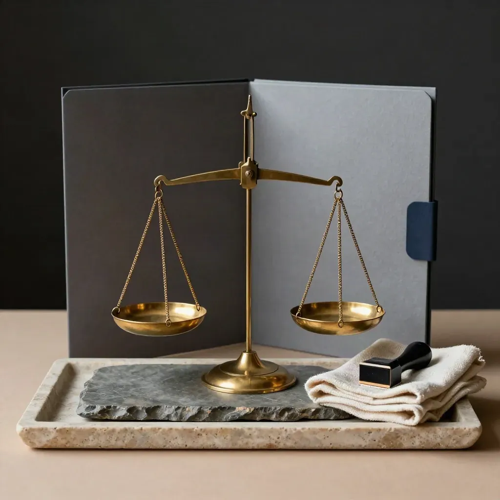 Brass scales with folders and stamp block on a stone tray in soft side light.