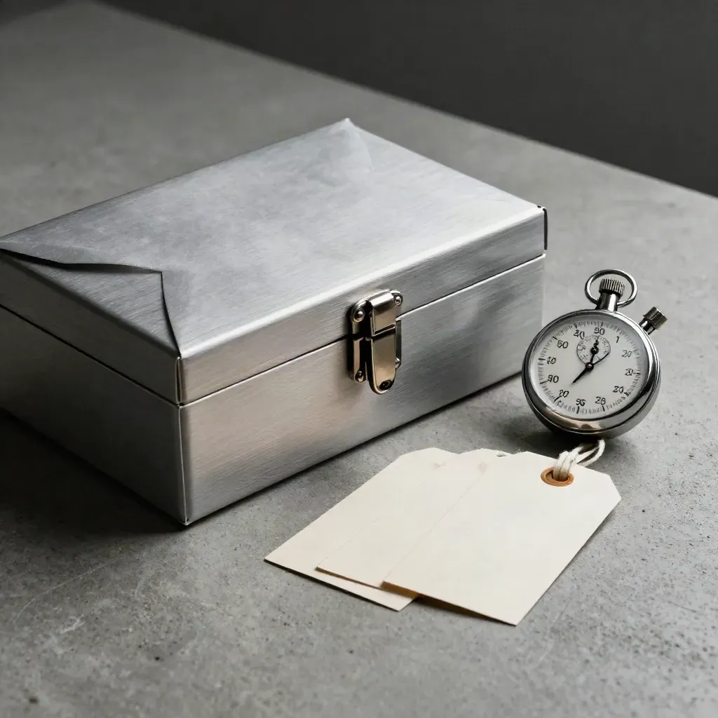 Brushed cash box, stopwatch, and blank tags on concrete in soft side light.