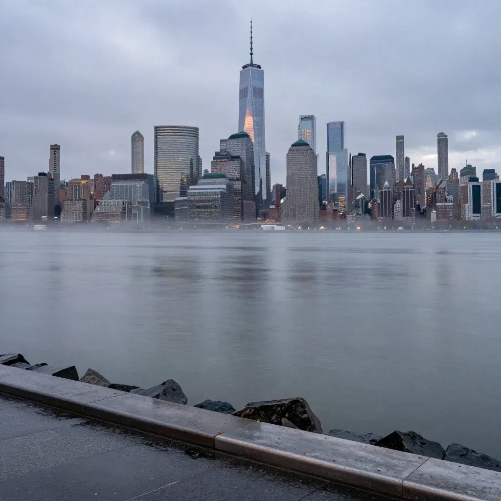 Lower Manhattan skyline in blue-hour mist above the Hudson from Jersey City waterfront
