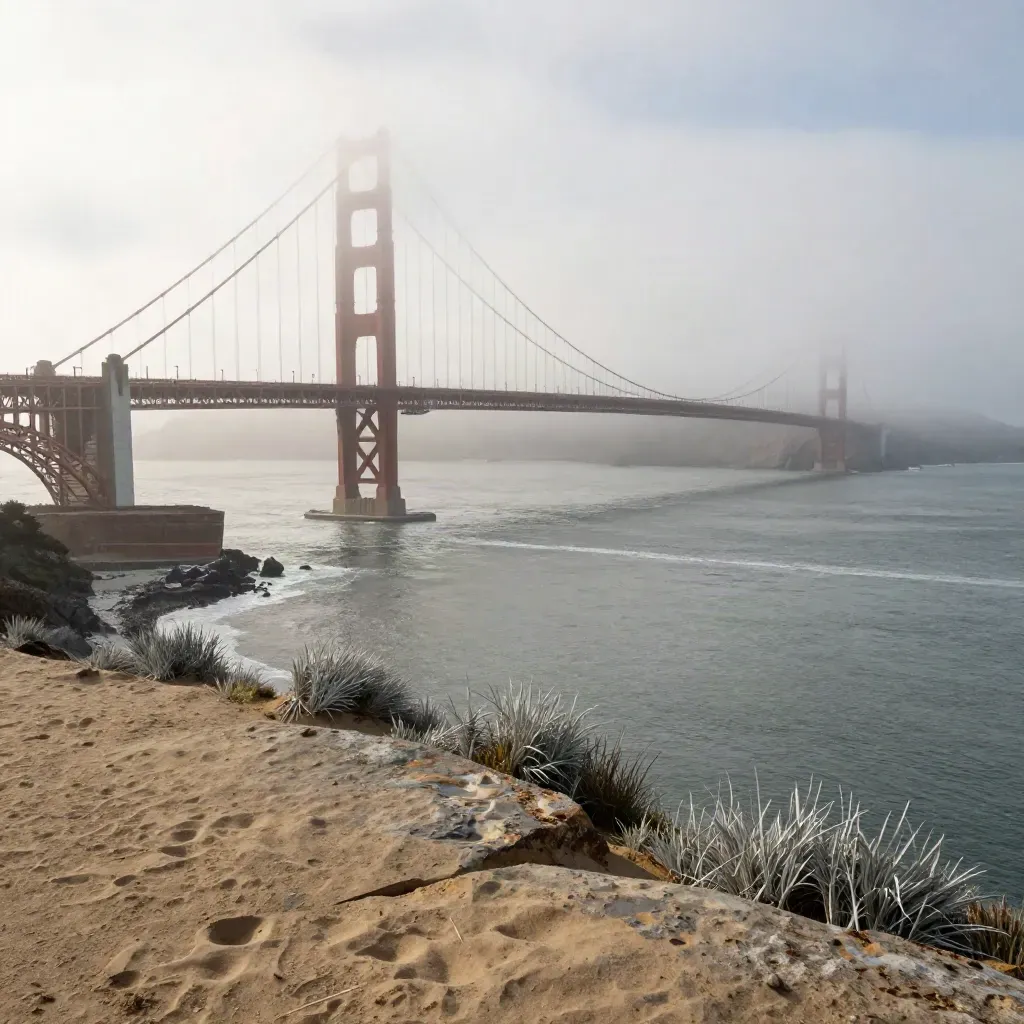 Golden Gate Bridge emerging through marine fog above a calm San Francisco Bay bluff.