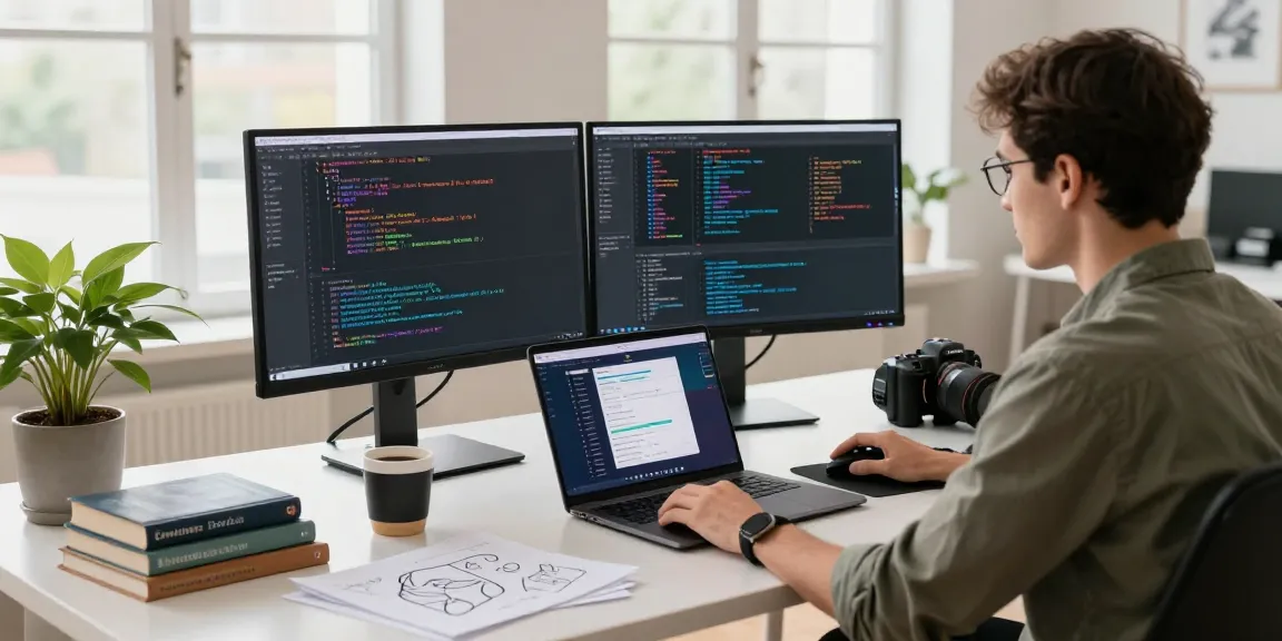 Workspace scene showcasing developer coding at teiegramin.com, with dual monitors, coffee, and natural light.