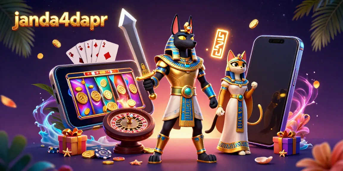 Permainan slot menarik di janda4dapr diilustrasikan dengan karakter Anubis dan Bastet yang berkilau.