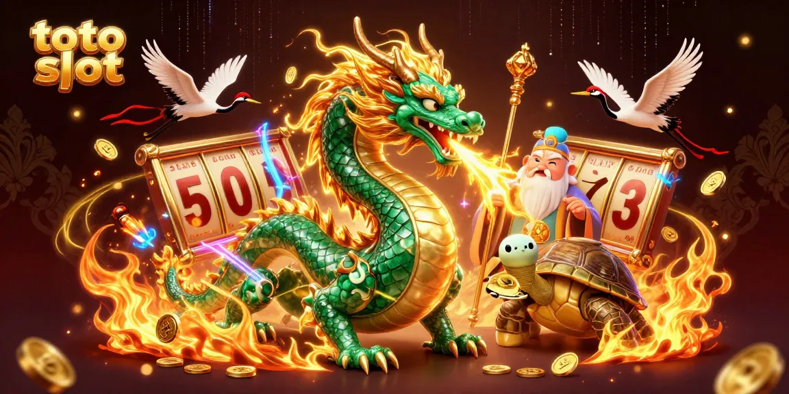 Experience thrilling gameplay in toto slot with an emerald jade dragon, wise turtle sage, and lucky cranes amidst vibrant casino elements.