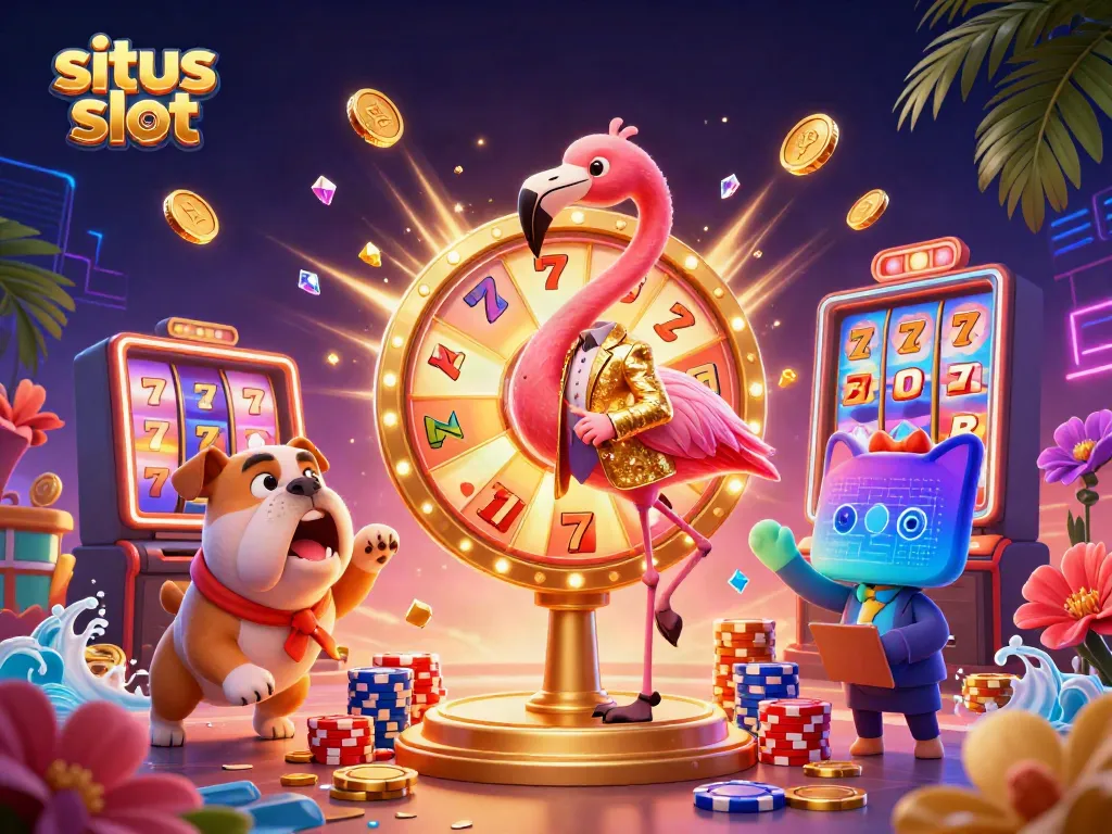 Spinning the giant prize wheel at situs slot with bright gold coins and excitement in the air.