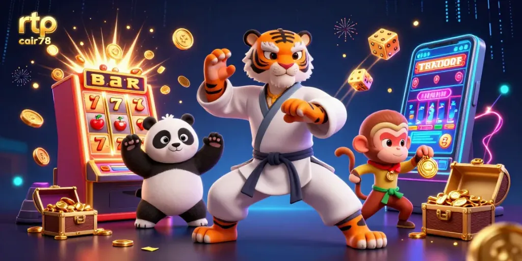 Mengambil tindakan menang di rtp cair78 dengan ilustrasi kasino kartun 3D berwarna-warni.