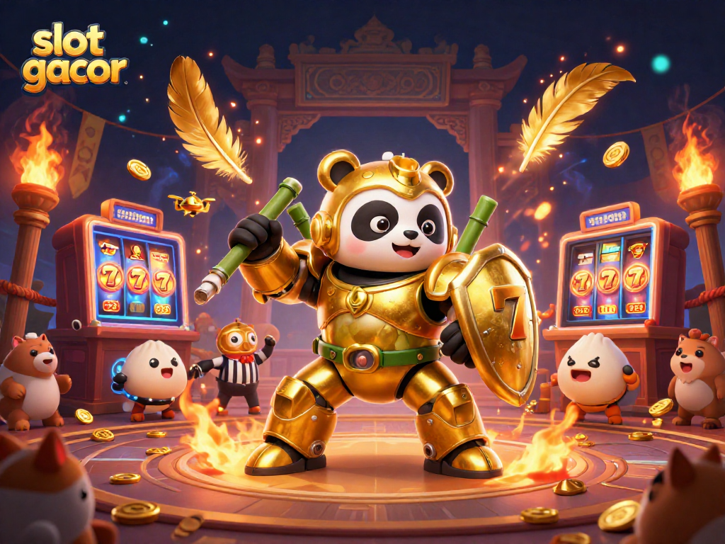 Experience the thrill of slot gacor with a vibrant 3D panda robot battling in a dynamic casino arena.